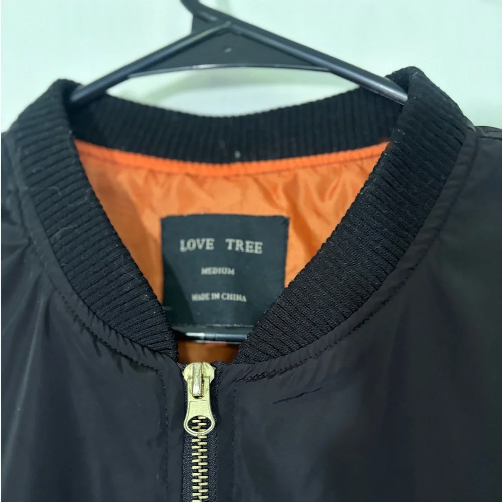 Love Tree Black Bomber Jacket Women’s Medium Orange Lining MA-1 Style Zip Front - Picture 5 of 6